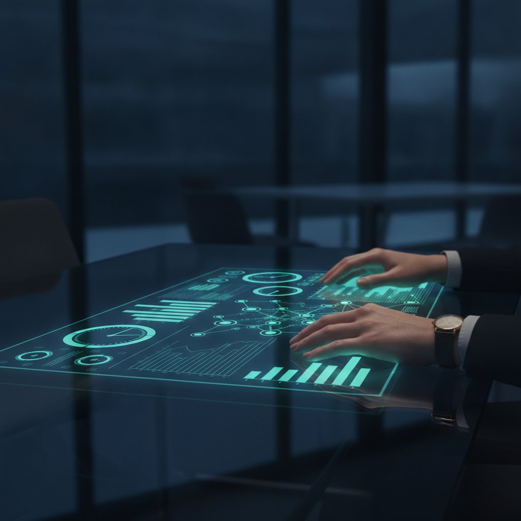Manos sobre un escritorio con un tablero de datos y gráficos, representando el análisis de la red con inteligencia artificial