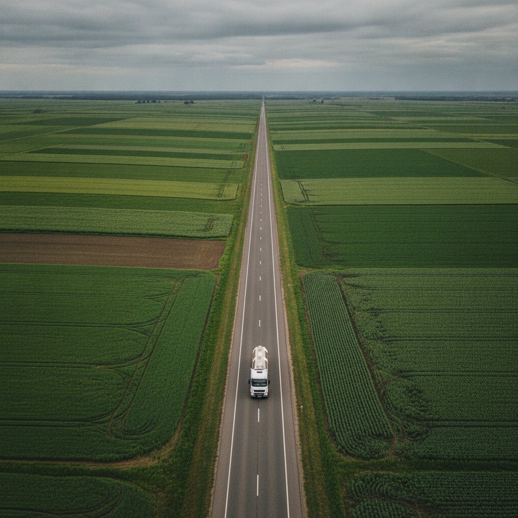 Vista aérea de un camión cisterna en una ruta rodeada de campos, representando la logística de abastecimiento de la red